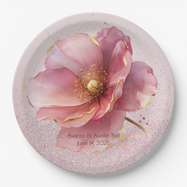 Minimalist Pink and Gold Poppy Wedding Paper Plates (Front)