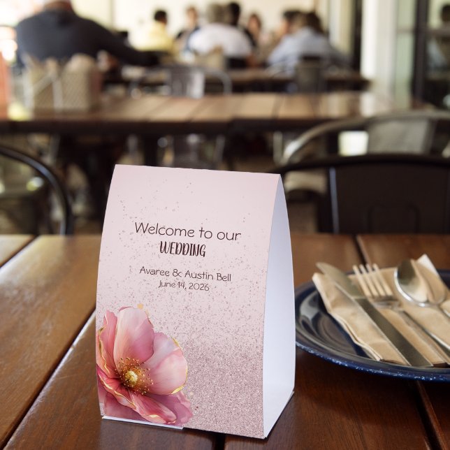 Minimalist Pink and Gold Poppy Wedding Paper Table Tent (Insitu(Restaurant))