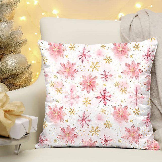 Minimalist Pink and Gold Winter Snowflakes Throw Pillow (Minimalist Pink and Gold Winter Snowflakes Throw Pillow
)