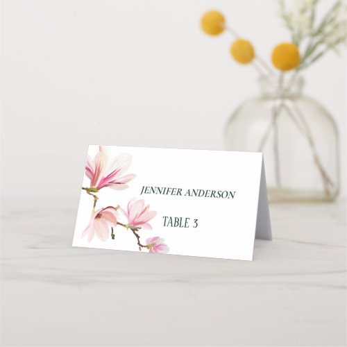 Minimalist Pink and White Magnolia Flower Wedding  Place Card