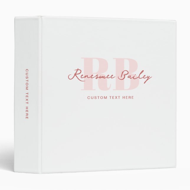 Minimalist Pink and White Monogram  3 Ring Binder (Front/Spine)