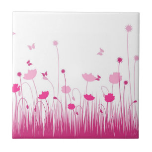 Minimalist Pink and White Poppies Meadow Floral Ceramic Tile