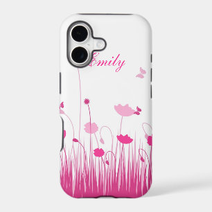 Minimalist Pink and White Poppies Meadow Name iPhone 17 Case