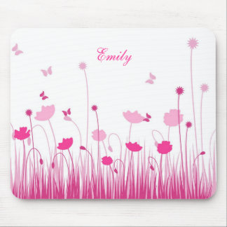 Minimalist Pink and White Poppies Meadow Name Mouse Pad