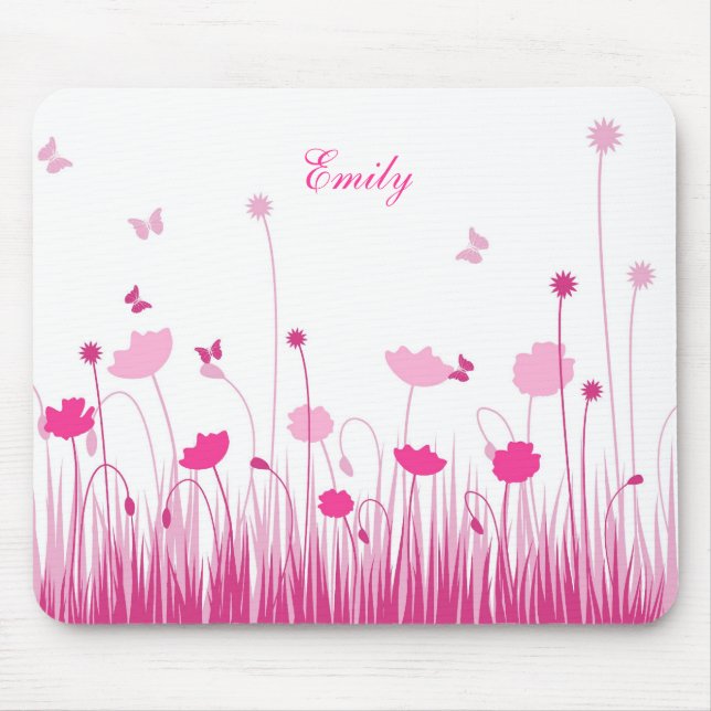 Minimalist Pink and White Poppies Meadow Name Mouse Pad (Front)