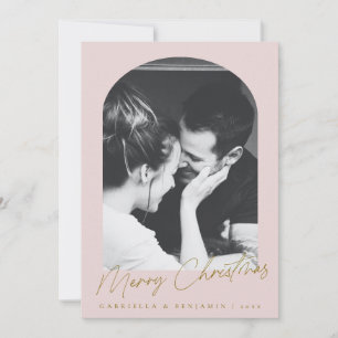 Minimalist Pink Arch Two Photo Christmas Letter Holiday Card