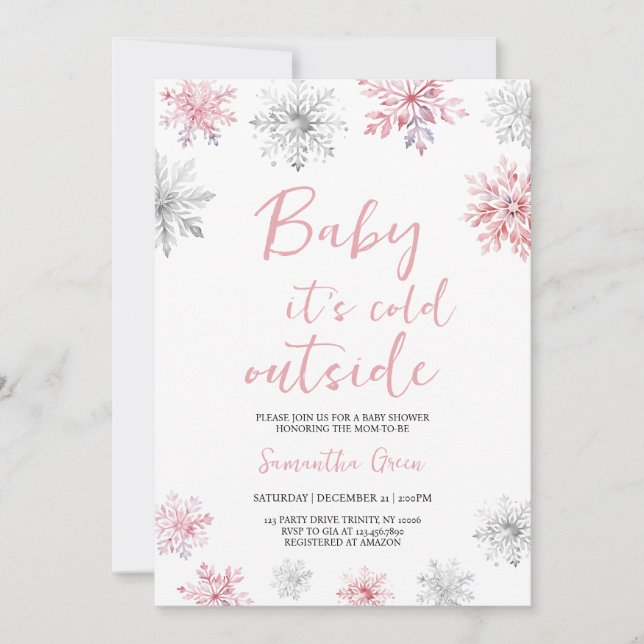 Minimalist Pink Baby It's Cold Outside Baby Shower Invitation (Front)