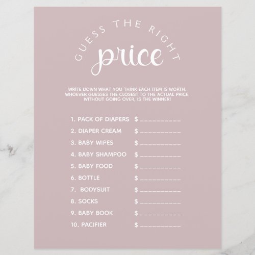 Minimalist Pink Baby Shower Guess The Price Game