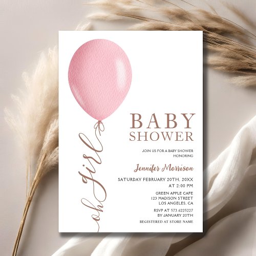 Minimalist Pink Balloon Oh Girl Baby Shower Invitation