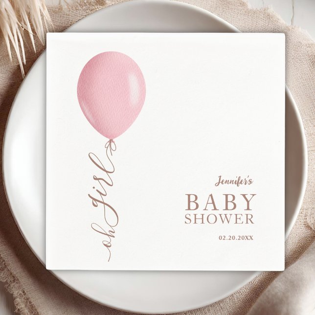 Minimalist Pink Balloon Oh Girl Baby Shower Napkins (Creator Uploaded)