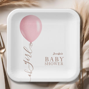 Minimalist Pink Balloon Oh Girl Baby Shower Paper Plates