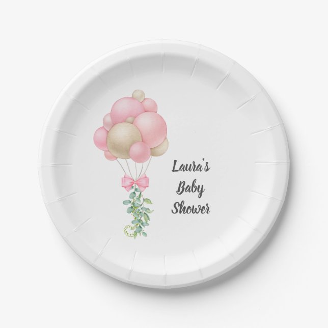 Minimalist Pink Balloons Girl Baby Shower Paper Plates (Front)