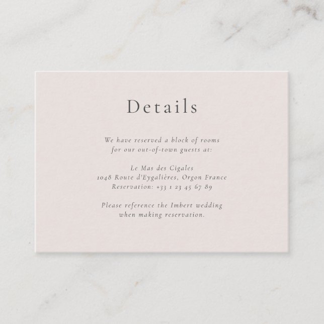Minimalist Pink Black Wedding Hotel Detail Info Enclosure Card (Front)