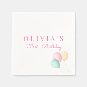 Minimalist Pink Blue Yellow Balloon First Birthday Napkins