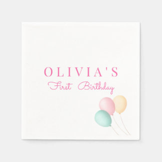 Minimalist Pink Blue Yellow Balloon First Birthday Napkins