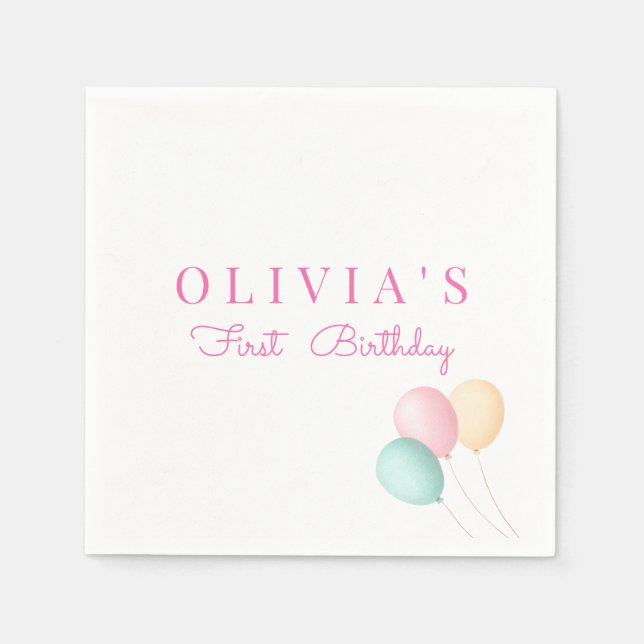 Minimalist Pink Blue Yellow Balloon First Birthday Napkins (Front)