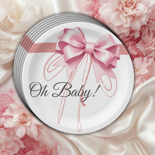 Minimalist Pink Bow Baby Shower Paper Plates (Creator Uploaded)