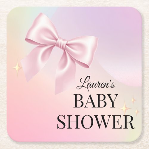 Minimalist Pink Bow Baby Shower Square Paper Coaster