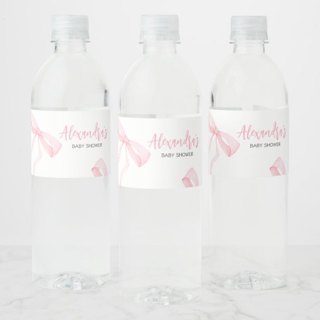 Minimalist Pink Bow Baby Shower Water Bottle Label (Bottles)