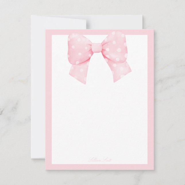 MInimalist Pink Bow Border Monogram Stylish Note Card (Front)