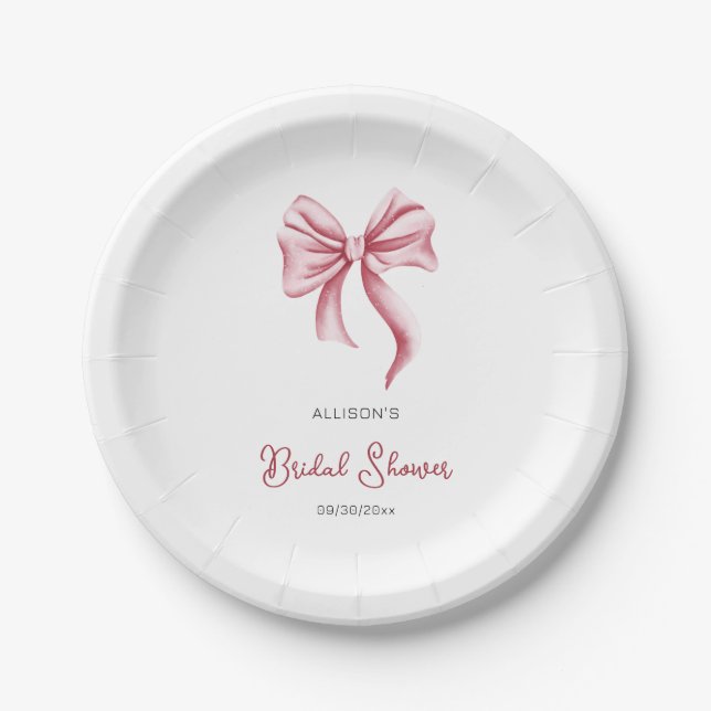 Minimalist Pink Bow Bridal Shower Paper Plates (Front)