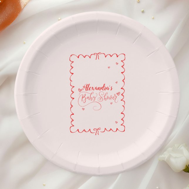 Minimalist Pink Bow Doodle Baby Shower Paper Plates (Creator Uploaded)