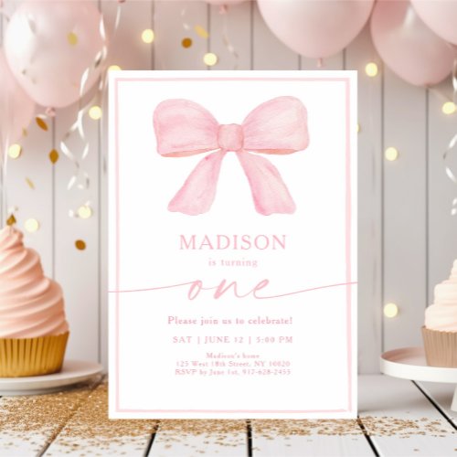 Minimalist Pink Bow First Birthday Invitation