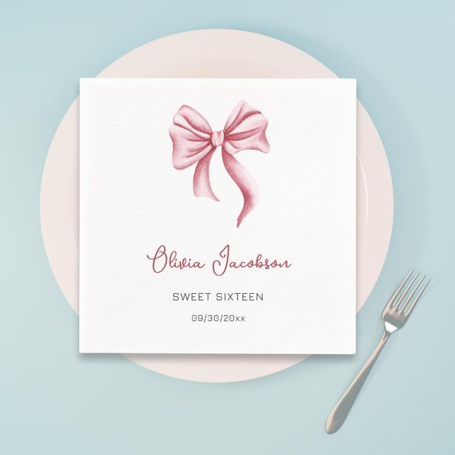 Minimalist Pink Bow Girl Sweet Sixteen Birthday Napkins (Creator Uploaded)