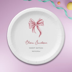 Minimalist Pink Bow Girl Sweet Sixteen Birthday Paper Plates