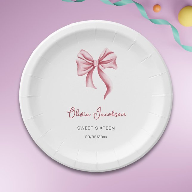 Minimalist Pink Bow Girl Sweet Sixteen Birthday Paper Plates (Creator Uploaded)