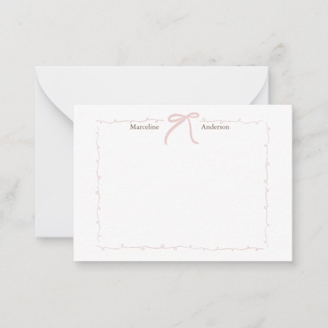 Minimalist Pink Bow Personalized Stationery Note Card (Front)