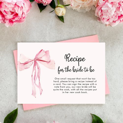 Minimalist Pink Bow Recipe Bridal Shower Enclosure Card
