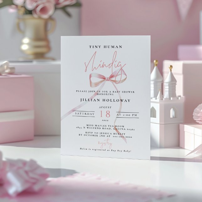 Minimalist Pink BOW Tiny human Shindig Baby Shower Invitation (Creator Uploaded)