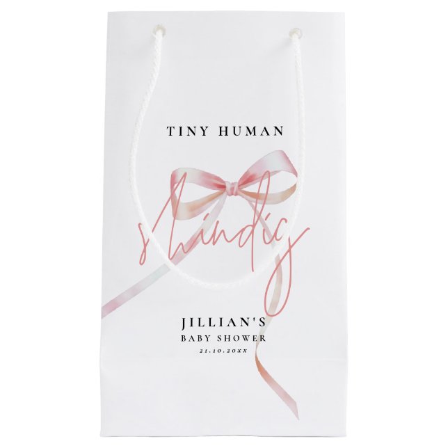 Minimalist Pink Bow Tiny human Shindig Baby Shower Small Gift Bag (Front)
