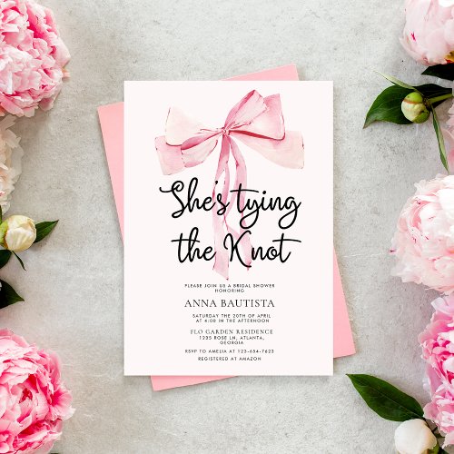Minimalist Pink Bow Tying The Knot Bridal Shower Invitation