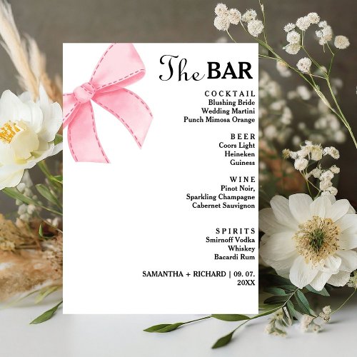 Minimalist Pink Bow Wedding Drinks Bar Menu  Pedestal Sign