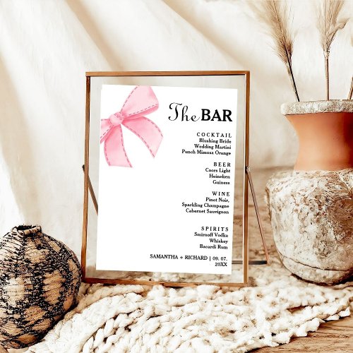 Minimalist Pink Bow Wedding Drinks Bar Menu  Poster