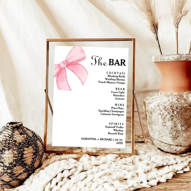 Minimalist Pink Bow Wedding Drinks Bar Menu  Poster (Creator Uploaded)
