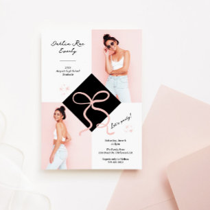 Minimalist Pink Cap and Bow Graduation Photo Invitation