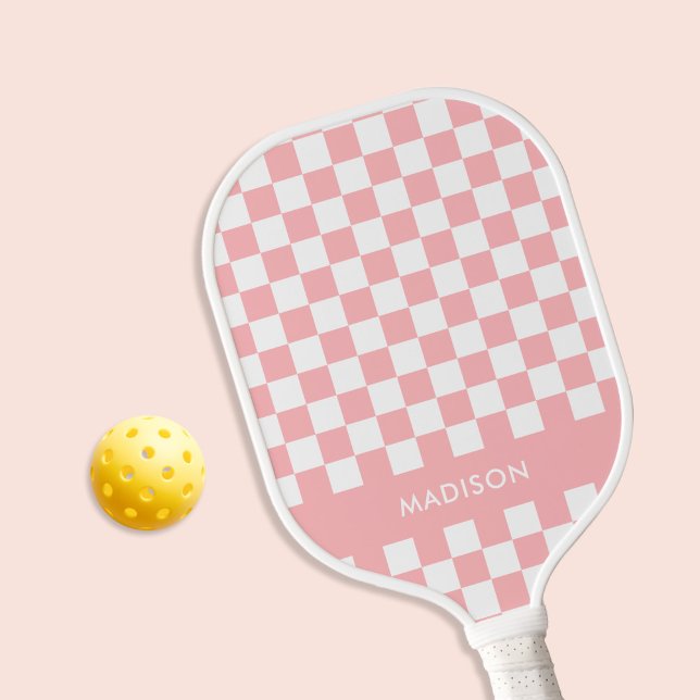 Minimalist Pink Checkered Monogram Pickleball Paddle (Creator Uploaded)