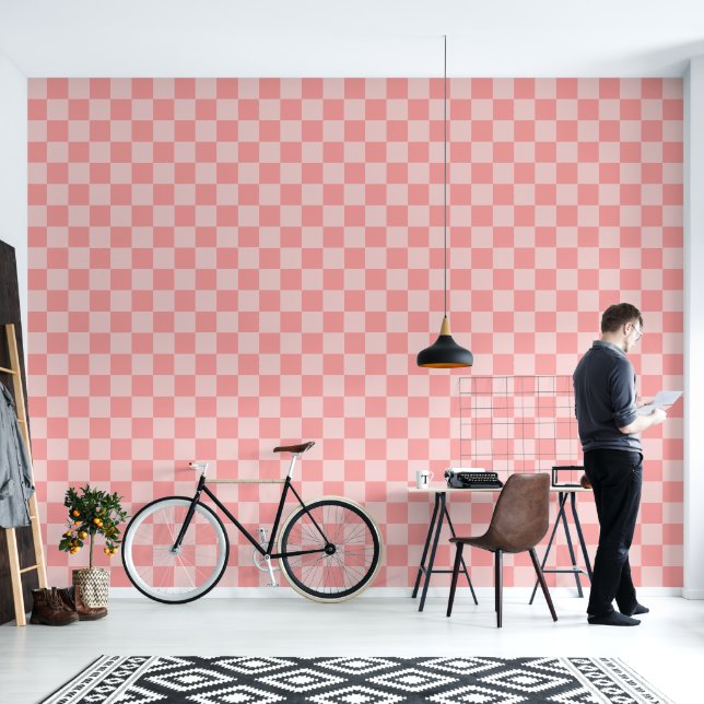 Minimalist Pink Checkered Pattern Wallpaper (Living Room)