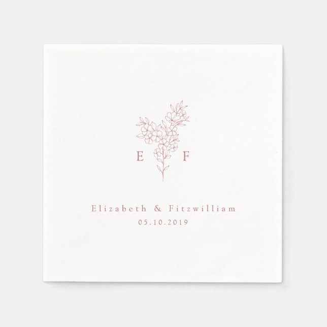 Minimalist Pink Cherry Blossom Monogram Wreath Napkins (Front)