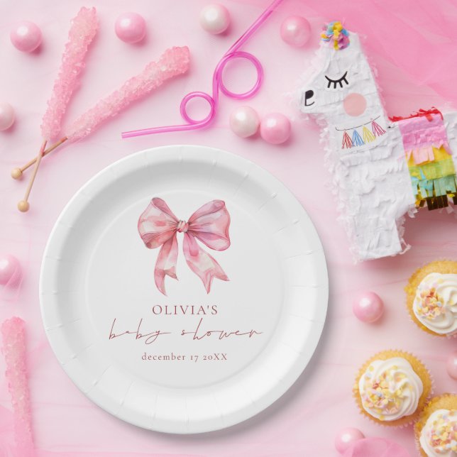Minimalist Pink Coquette Bow Baby Shower  Paper Plates (Party)