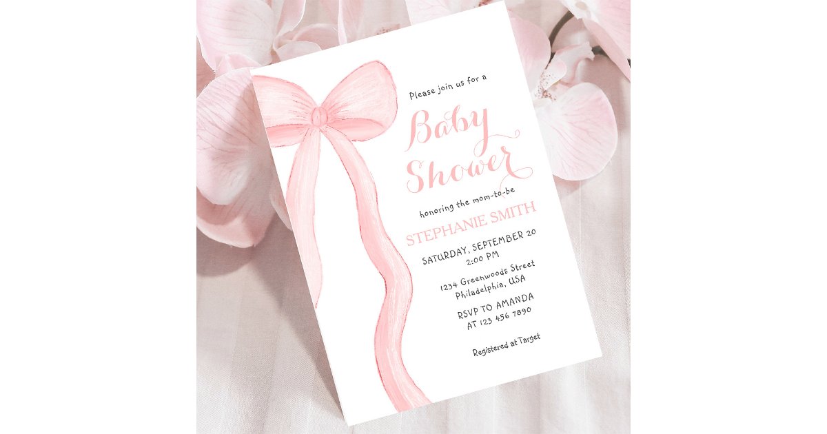Minimalist Pink Coquette Bow Girl Baby Shower Invitation | Zazzle