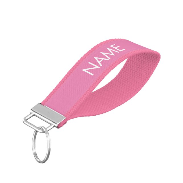 Minimalist pink custom name text monogram   wrist keychain (Angled Down)