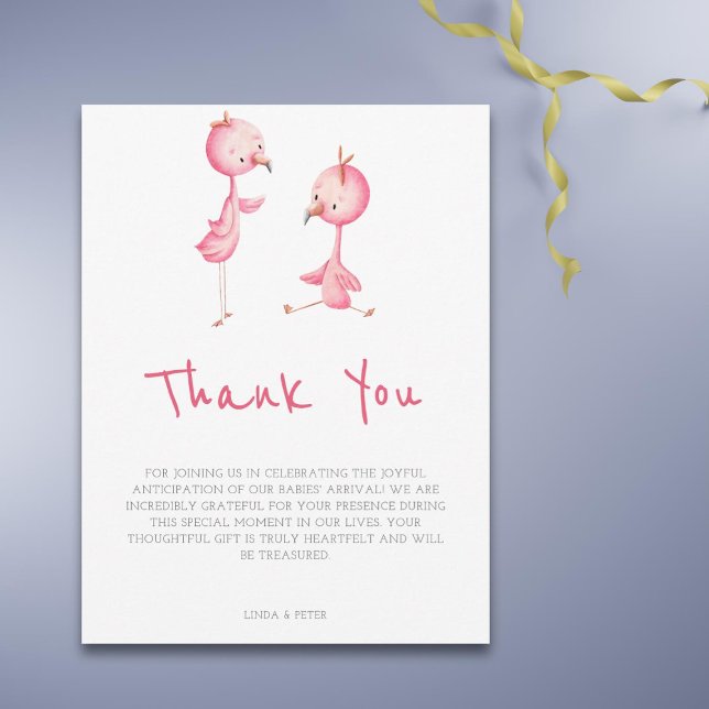 Minimalist Pink Flamingo Twins Baby Shower Thank You Card (Creator Uploaded)