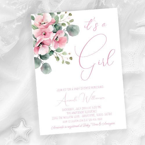 Minimalist Pink Floral Watercolor Girl Baby Shower Invitation