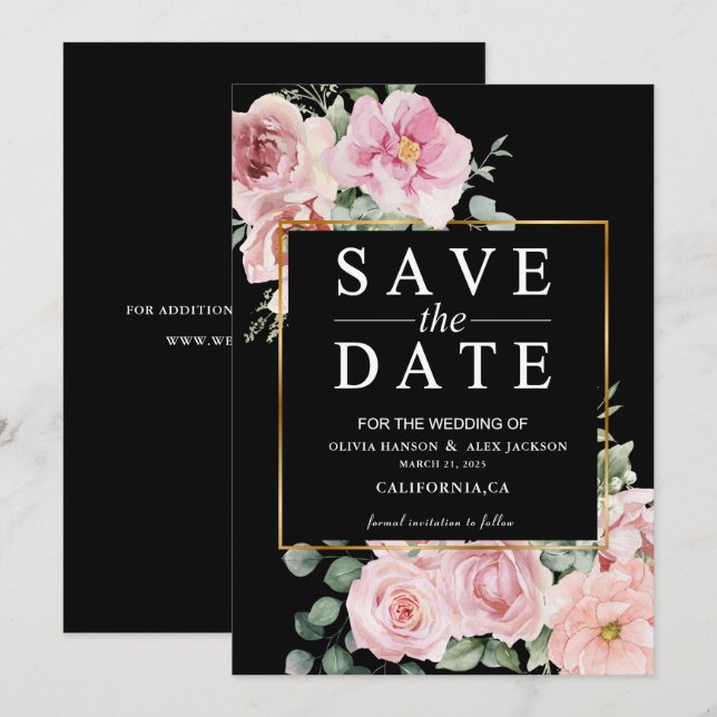 Minimalist pink flowers Photo Black Wedding  Save The Date (Front/Back)