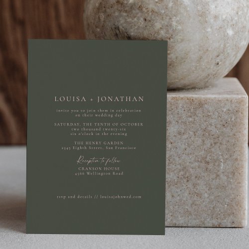 Minimalist Pink Forest Green Formal Script Wedding Invitation