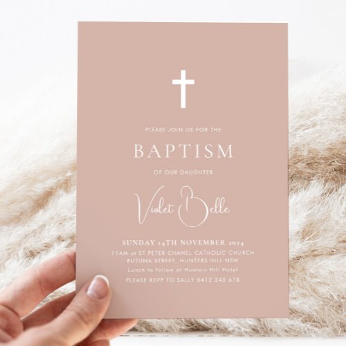 Minimalist Pink Girls Christening Baptism   Invitation